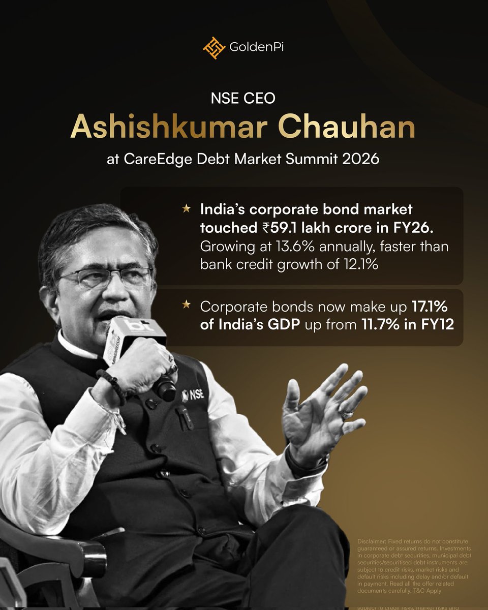GoldenPiTech's tweet photo. NSE CEO Ashishkumar Chauhan's take on India's evolving bond market.

#nse #ceo #bondmarketgrowth https://t.co/x0WKwBzsdz
