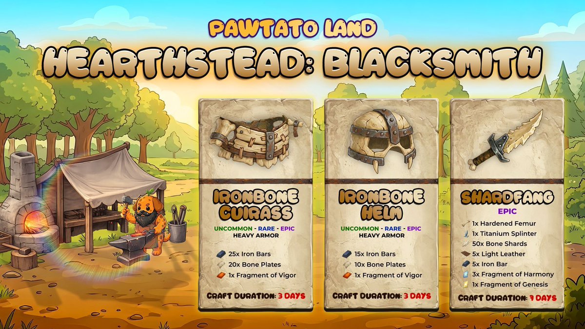 PawtatoFinance's tweet photo. 𝗛𝗲𝗮𝗿𝘁𝗵𝘀𝘁𝗲𝗮𝗱: 𝗕𝗹𝗮𝗰𝗸𝘀𝗺𝗶𝘁𝗵 

All those raw materials you’ve been hoarding? It’s finally time to put them to the fire! 🔥 

Strike while the iron is hot to forge heavy-duty weapons and high-defense Heavy Armor.  

Keep your queue moving, turn your hard-earned stash into frontline power in the Blacksmith workshop!