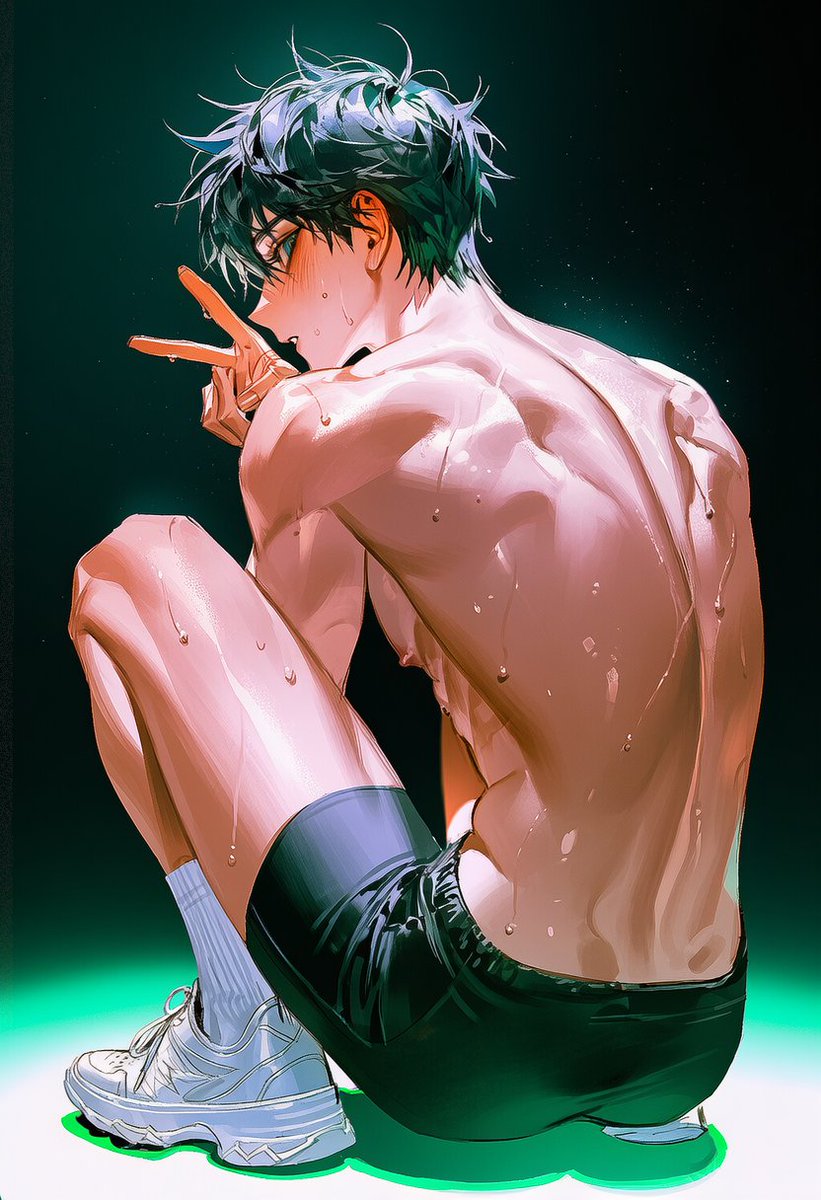 9ookwa's tweet photo. seated on ground, knees up, back view, slight profile,  v sign, hand raised to mouth level, fingers spread, shirtless, black shorts, white socks, white sneakers, sweaty skin, glistening body, water droplets on skin, crouching pose, weight on knees, low angle shot, from behind slightly left, rim lighting, warm golden backlight from upper left,  soft ambient green light, dark background, dramatic lighting, high contrast, detailed muscles, toned back, painterly style, detailed shading