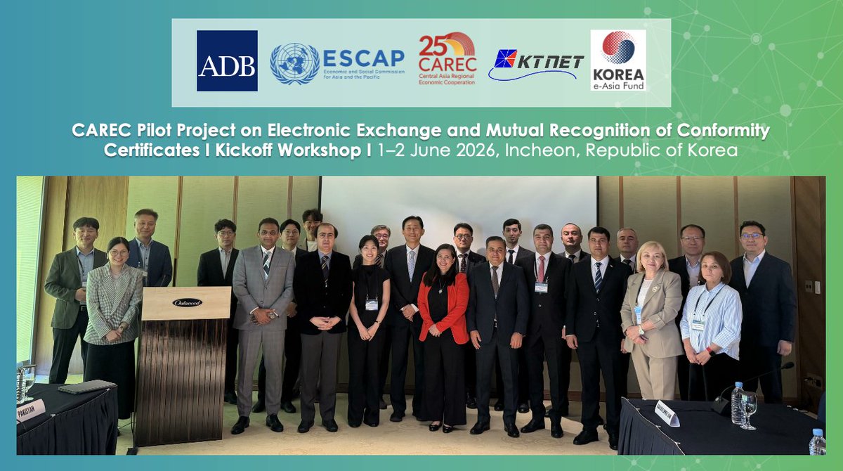 CARECProgram's tweet photo. ADB, UNESCAP and the Korea Trade Network launched the CAREC pilot on electronic exchange of conformity certificates. Representatives from 5 CAREC countries agreed on a phased approach and development of an e-Cert Hub to facilitate regional trade.

#CAREC2030 #RegionalCooperation https://t.co/aDnXaYdk8X