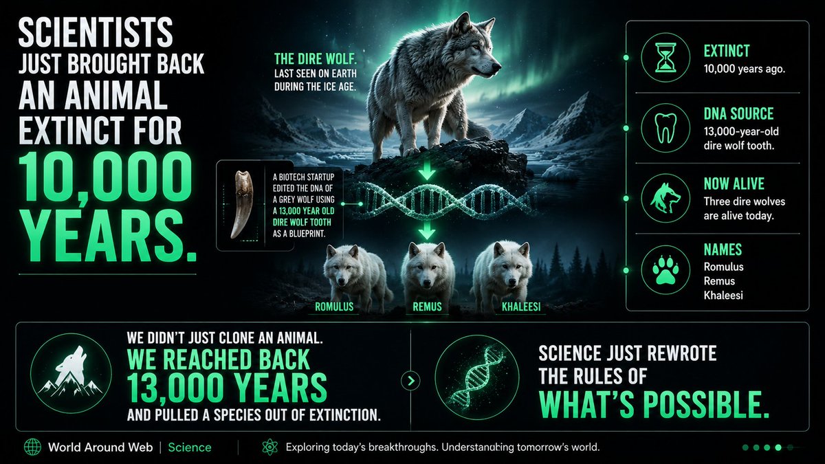 WorldAroundWeb's tweet photo. Scientists just brought back an animal that vanished nearly 10,000 years ago. The dire wolf, one of the Ice Age’s most iconic predators, had existed only in fossils and ancient remains. Using DNA clues from a 13,000-year-old dire wolf tooth, a biotech company edited the genome of modern grey wolves to recreate key traits of the extinct species. Three animals now exist: Romulus, Remus, and Khaleesi.
For thousands of years, extinction was considered a one-way journey. Once a species disappeared, it was gone forever. Today, science is beginning to challenge that assumption. We didn’t just study the past. We reached back 13,000 years and brought a piece of it into the present.
Science just rewrote the rules of what’s possible. Stay tuned for some more. Cheers !

World Around Web | Science