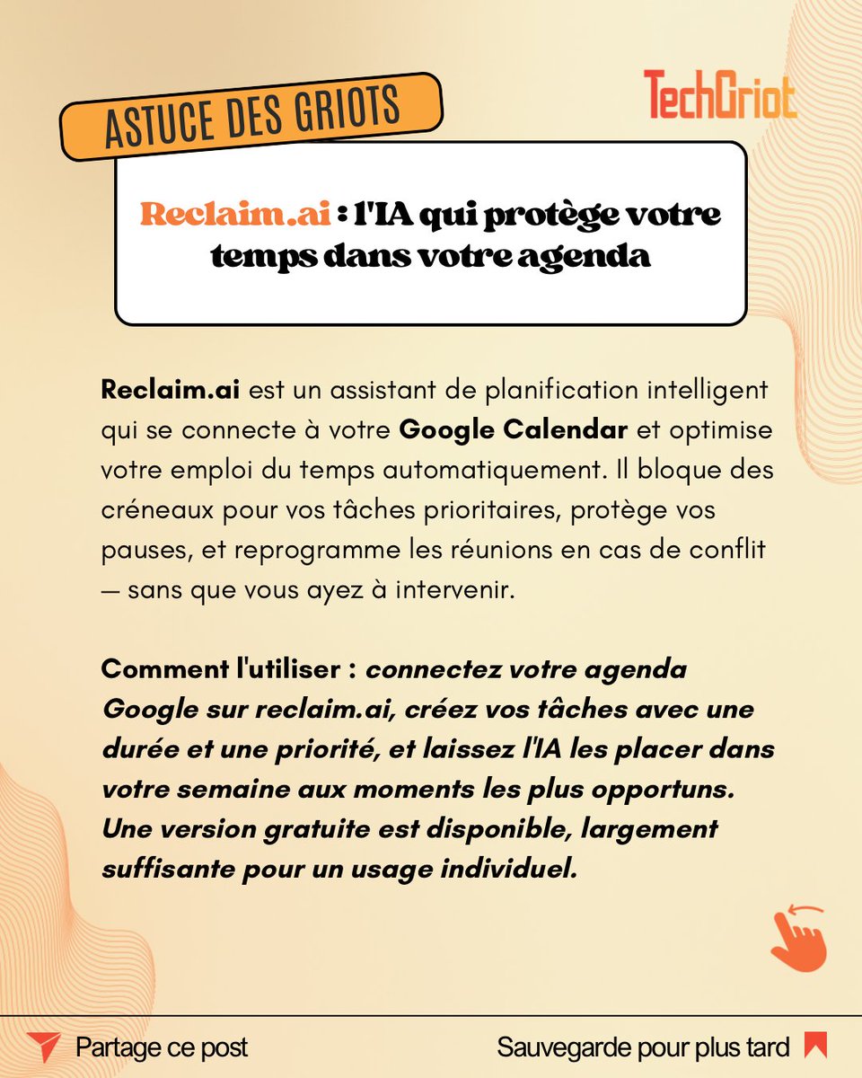 TechGriot's tweet photo. Bon mercredi, la famille ! 💡 Et si votre agenda se gérait presque tout seul ? Aujourd'hui dans Les Astuces des Griots, on vous présente https://t.co/AhQVyar40z : l'intelligence artificielle qui bloque du temps pour ce qui compte vraiment dans votre semaine.
#techgriot #tech https://t.co/MFBKGIEUy1