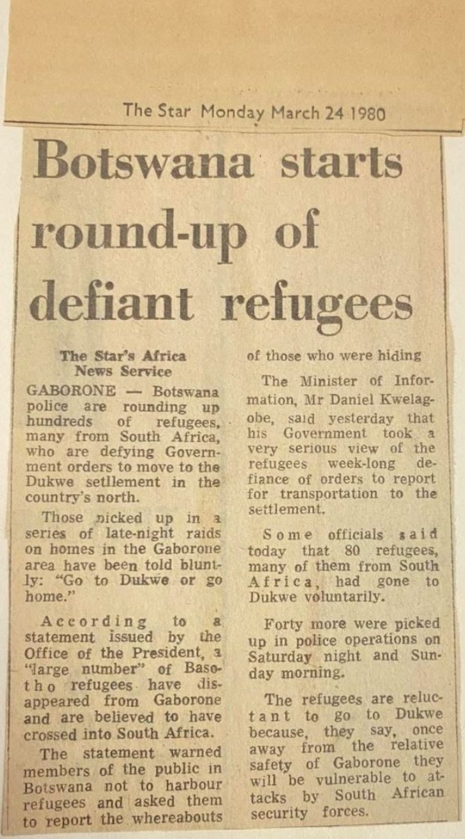 LetlapaMphahlel's tweet photo. A comrade based in Botswana sent me the article below. Actually I was one of the defiant SA refugees who were rounded up and forcefully taken to Dukwe by the Botswana army, not by the country's citizens. The SA Government is guilty of setting up the locals against the foreigners. https://t.co/2w7GxLvjnl