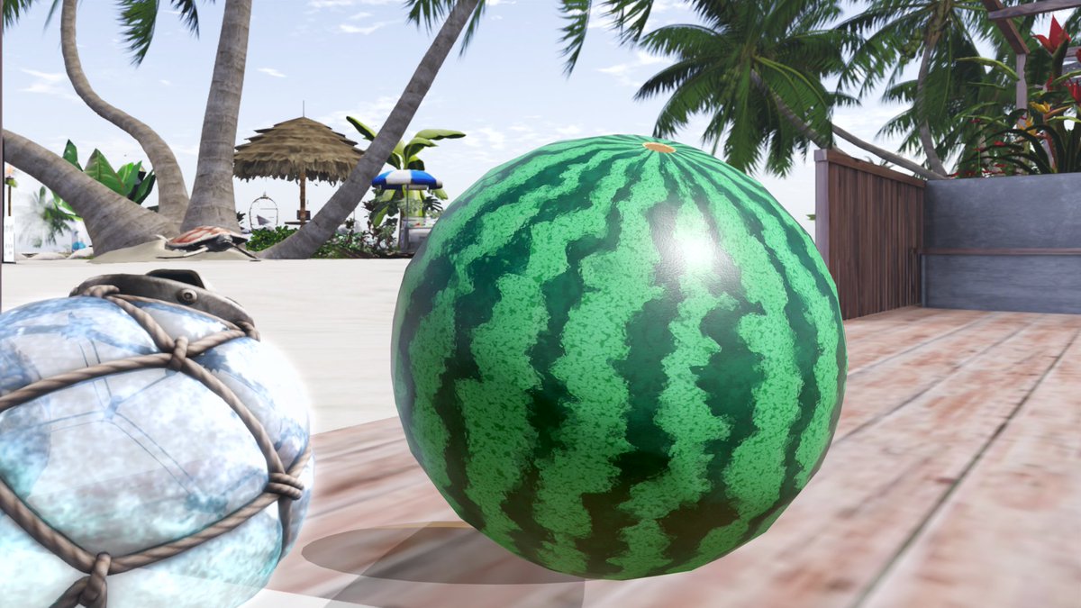 nibi_S's tweet photo. ノードでスイカの縞模様もできる！
いえ、身の程知らずな考えでした。
ので、球体にテクスチャー貼った。
嘘っぽいスイカの後ろには、
嘘っぽい海辺の風景を置き、
スイカの下に嘘っぽい影を敷いた。
嘘に嘘を重ねて、出来上がり。 https://t.co/odi4FLDjGn