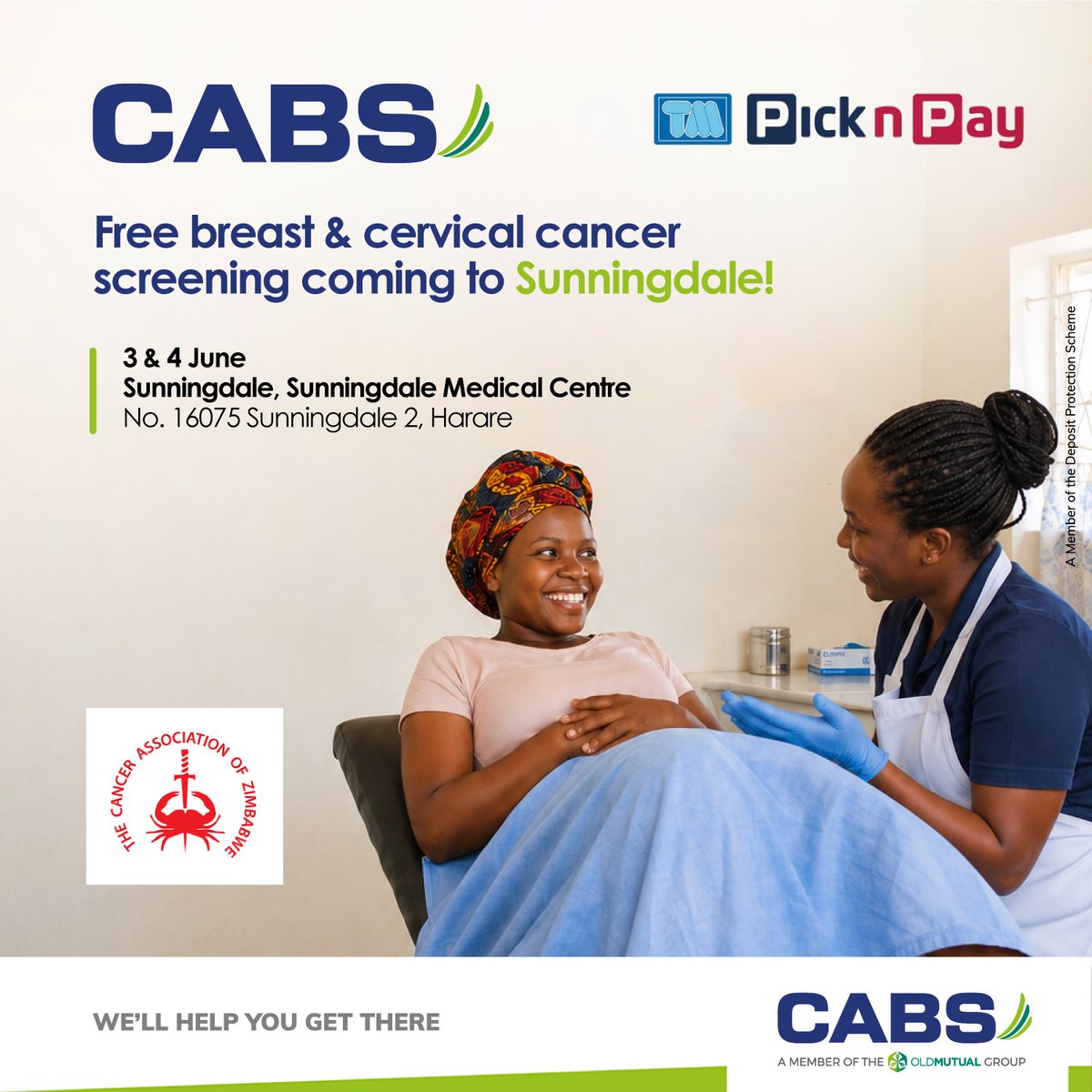 CabsZimbabwe's tweet photo. Are you in Sunningdale from 3 to 4 June 2026?
Don’t miss out on FREE breast and cervical cancer screening.
📍 Sunningdale Medical Centre 
16075 Sunningdale 2, Harare

#CABS #TMPicknPay #CancerScreening https://t.co/ZPTs1PWk8y