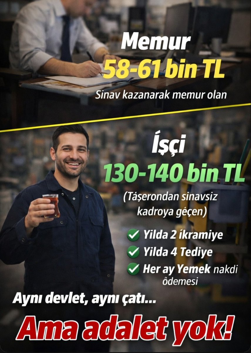 657HakPlatformu's tweet photo. Eşit işe eşit ücret reformu gelmelidir.

Vasıfsız ilk.mezunu taşeron şirket elemanıyken sınavsız kadro alarak kamu işçisi sayılan kişilere;
Maaş var
İkramiye var
Tediye var
Yemek ve yol öd. var
Denge ödemesi var
138-156 bin TL maas+gelir var!

#Memura sadece maaş 58 bin TL var! https://t.co/hnl2WzJHfh