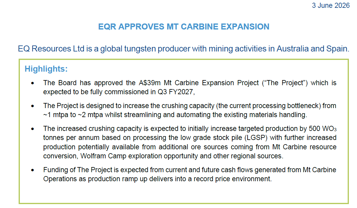 RicoRokka's tweet photo. 📈The tide changes??☕️

$eqr.ax
Close🟩🟩🟩
0,24aud
+11,63%

#tungsten
Rotterdam 2925$,+0➡️
China 1705$,+0➡️

We finally got some news. EQR published that it will be beginning the expansion of Mt Carbine to make it a regional hub-and-spoke model for a longer term vision for the company and larger output in production. And  this will be financed with current and future CASH FLOWS. Ain't that a good deal for a company that is known for diluting shareholders. The news got the share price to +11% jump but still no meaningful volume, there is a lot of room to run. Tungsten apt prices stayed the same. Could the negative tide be turning?