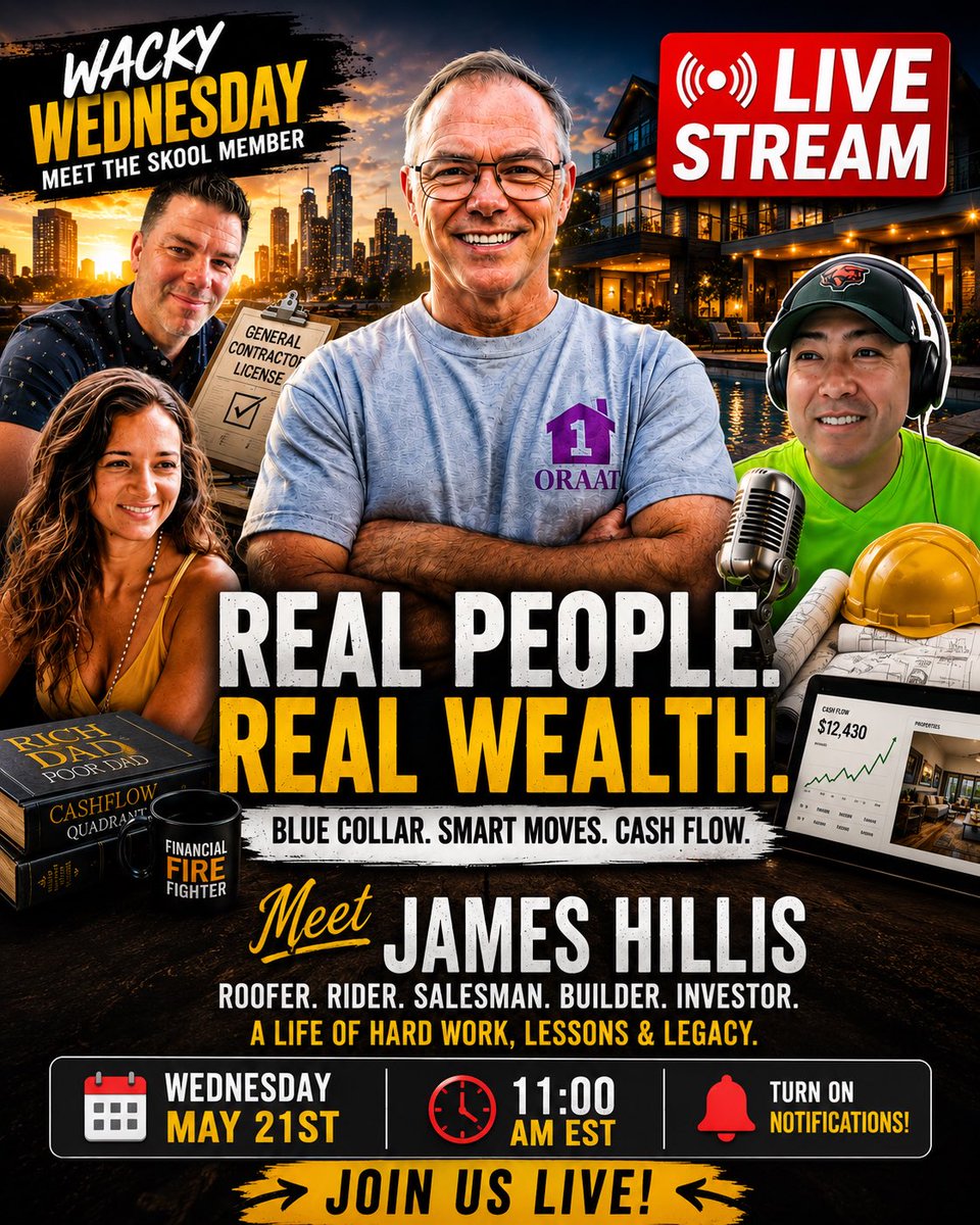 F_I_R_E_Fighter's tweet photo. Most people spend their life waiting.

@joelfarrellreal 

James Hillis spent his life BUILDING.

🏠 Roofer
🏍️ Motorcycle Instructor
📖 Bible Salesman
👷 General Contractor
💰 Real Estate Investor

Now he’s using real estate and STRs to help support his parents.

Join us LIVE for Meet The SKOOL Member.

Warning: Closed captions may be required. 😂

#RealEstate #CashFlow #FinancialFreedom #BlueCollarInvestor #FinancialFireFighter
