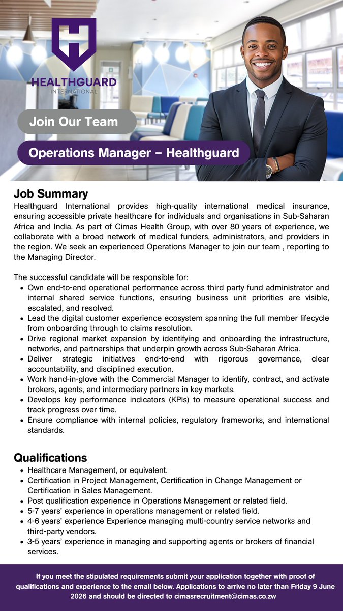 CimasHealth's tweet photo. Healthguard International invites qualified and experienced individuals to apply for the Operations Manager position. Submit your application with proof of qualifications and experience to cimasrecruitment@cimas.co.zw by 9 June 2026. https://t.co/dqvi1veXhR