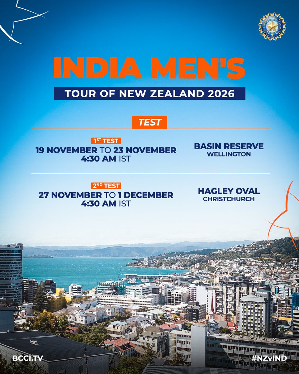 BCCI's tweet photo. A historic tour of New Zealand beckons 🙌

Presenting the full schedule for #TeamIndia's tour of New Zealand starting in October 2026 comprising 5️⃣ T20Is, 5️⃣ ODIs, and 2️⃣ Tests  📅

#NZvIND https://t.co/M47AAAG9AG