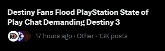 blucorsa's tweet photo. >A petition with almost 350k signatures
>At least half a dozen major VAs voicing support of D3 
>#WeWantDestiny3 DOMINATING the Sony State of Play livestream chat of 75k 
>Community-led plans worldwide to break all-time player count record on June 9th

@Sony DO YOU SEE US NOW https://t.co/sjJLoY6QjC