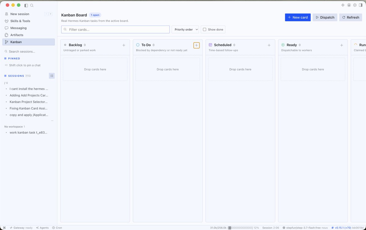 oft's tweet photo. Woke up early. 
Built a Kanban bord in hermes @NousResearch 
Life is good. https://t.co/KjnZ97dYjF