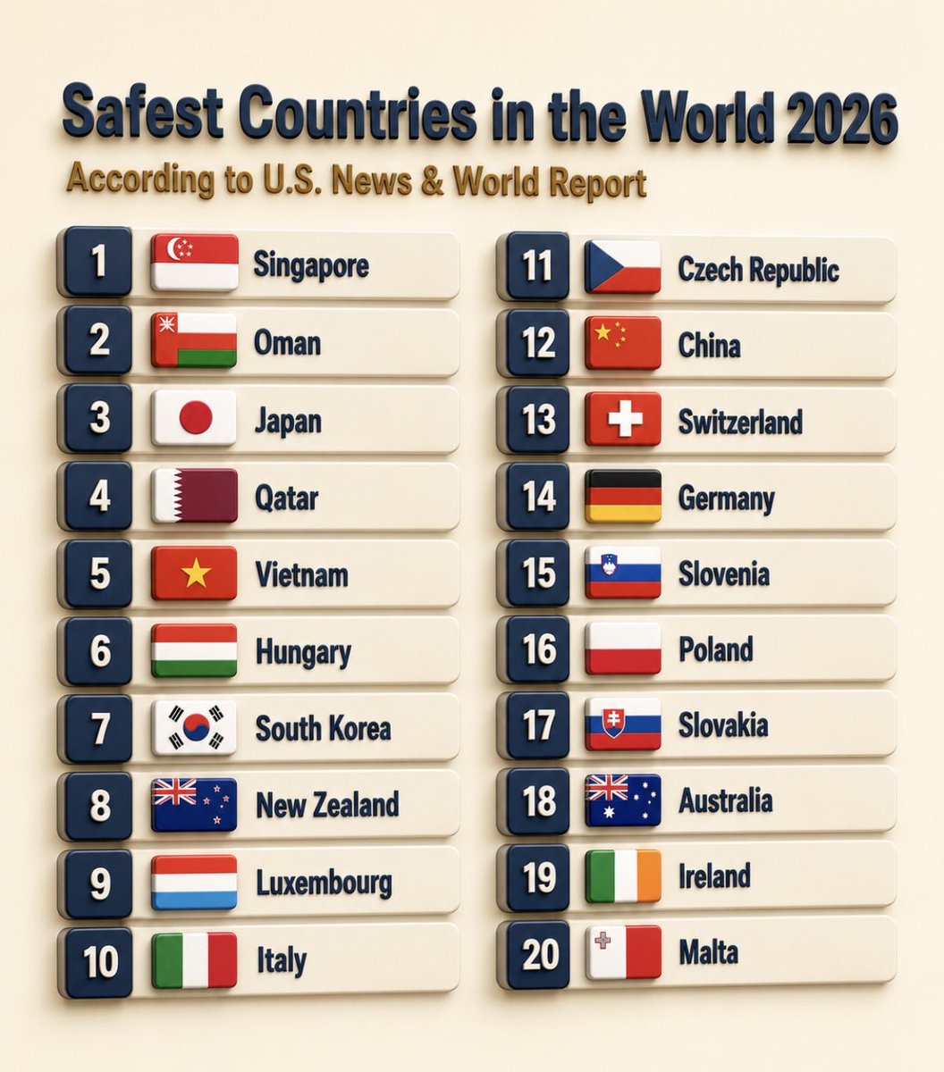 CataPaul2's tweet photo. Safest Countries in the World 2026

1. 🇸🇬 Singapore
2. 🇴🇲 Oman
3. 🇯🇵 Japan
4. 🇶🇦 Qatar
5. 🇻🇳 Vietnam
6. 🇭🇺 Hungary
7. 🇰🇷 South Korea
8. 🇳🇿 New Zealand
9. 🇱🇺 Luxembourg
10. 🇮🇹 Italy
11. 🇨🇿 Czech Republic
12. 🇨🇳 China
13. 🇨🇭 Switzerland
14. 🇩🇪 Germany
15. 🇸🇮 Slovenia
16. 🇵🇱 Poland
17. 🇸🇰 Slovakia
18. 🇦🇺 Australia
19. 🇮🇪 Ireland
20. 🇲🇹 Malta

🖇️ Source: U.S. News & World Report