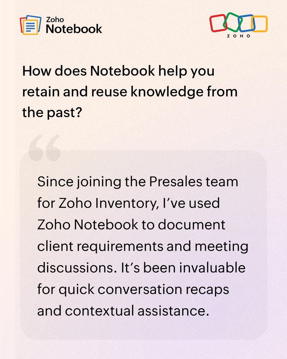 ZohoNotebook's tweet photo. Harsha Ann Simon, a Presales Engineer at Zoho, shares how Zoho Notebook became an essential part of her daily work, from capturing meeting notes in real time to documenting personal milestones, and how it has become an invaluable tool for staying on top of every conversation.

👉 Swipe to hear it from her

#NotebookPowerUserSeries #10YearsofZohoNotebook #NoteTaking #Productivity #Presales #ZohoCommunity #Zoho