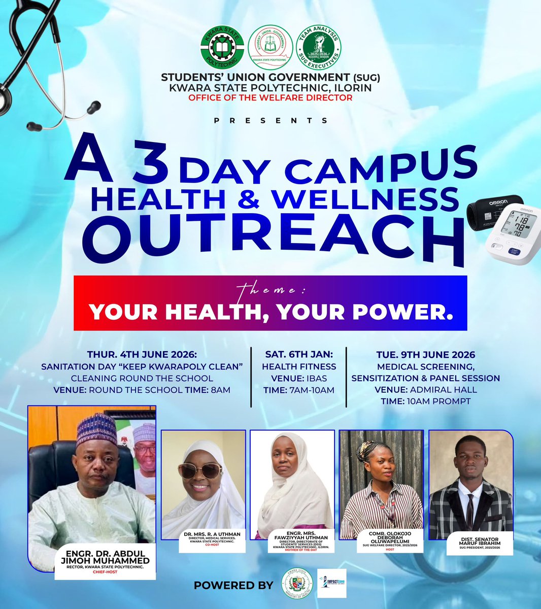 Kwarapoly_sug's tweet photo. The 3-day Campus and Wellness Outreach kicks off tomorrow, 04/06/2026 with the opening activity, “SANITATION,” tagged: KEEP KWARAPOLY CLEAN.

Let’s come together to promote a cleaner and healthier campus environment. Be there🔥 https://t.co/6GJ30NJWn4