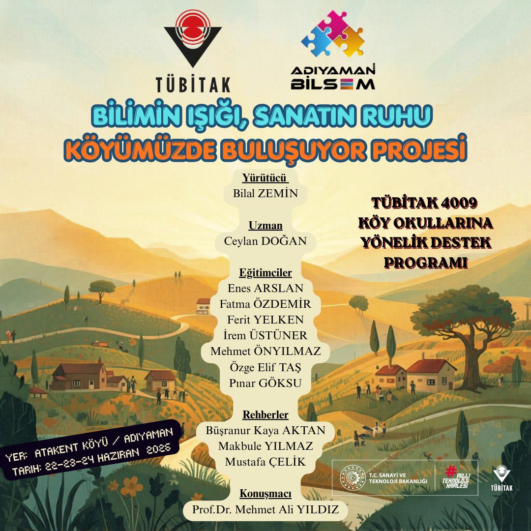 adiyamanbilsem's tweet photo. Adıyaman BİLSEM’in "Bilimin Işığı, Sanatın Ruhu Köyümüzde Buluşuyor" TÜBİTAK 4009 projesi onaylandı. Bilal ZEMİN koordinatörlüğündeki proje, 22-24 Haziran'da Atakent Köyü sakinlerini bilim ve sanatla buluşturacak. https://t.co/oRAXFKRX0F
