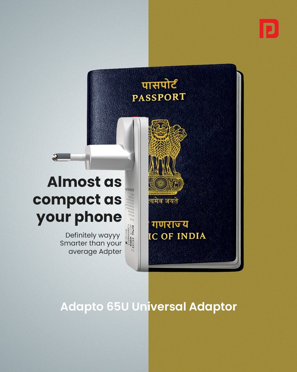 Portronics's tweet photo. Places that require your passport require adaptable gadgets! ✈️

Make your journeys smoother with Portronics Adapto 65 U, your smart, compact &amp; slim universal adapter with 4 swappable heads 🛩️ https://t.co/jWYDXhTj5a