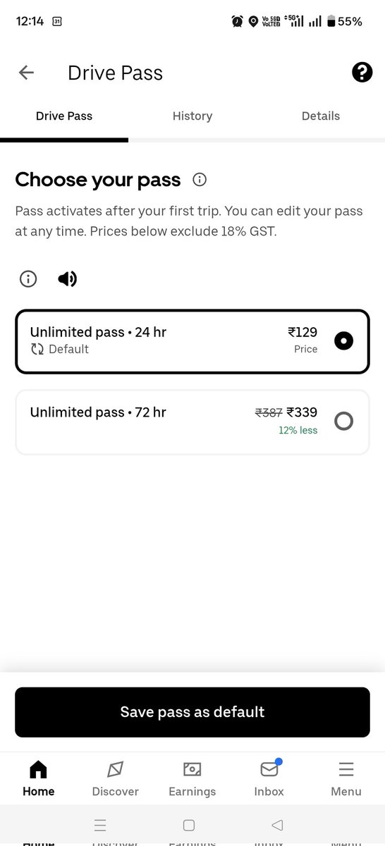 roybidit's tweet photo. I don't see the Earnings Pass option when it's been activated in Pune as communicated through official WhatsApp. What's the issue? @Uber_India @UberIN_Support https://t.co/uXCM0OXx4P