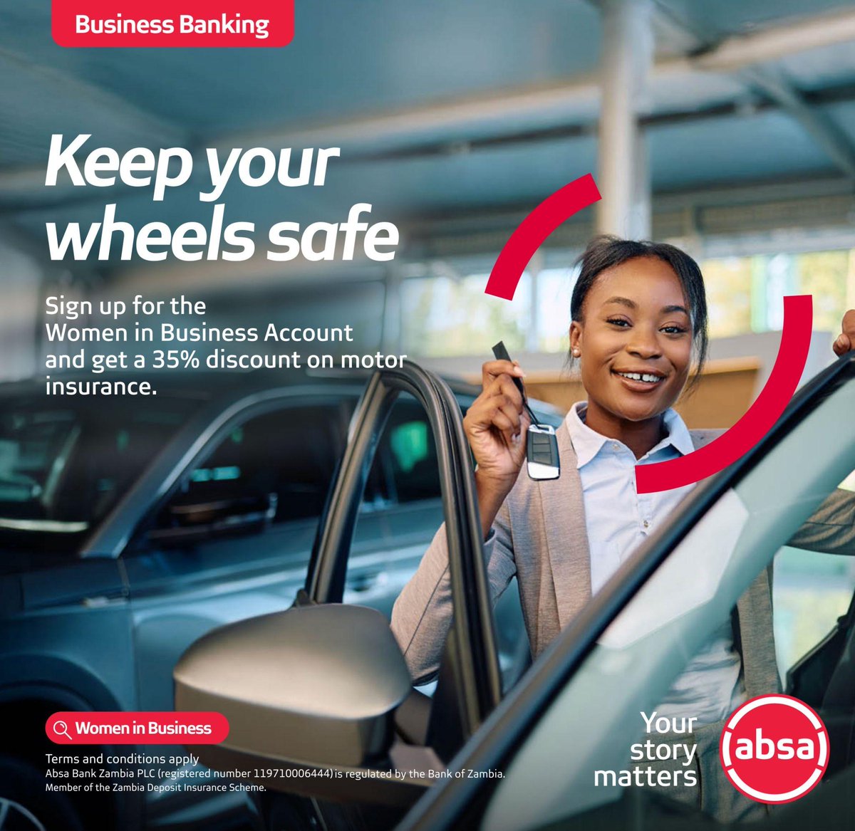AbsaZambia's tweet photo. We know how confident you like to be on the road. That’s why we give you that extra boost by  offering  a 35% discount on Motor Insurance for all Women in Business Accounts .

Sign up for a Women in Business account via  womeninbusiness@absa.africa

#WomenInBusiness https://t.co/queF5UNFEG