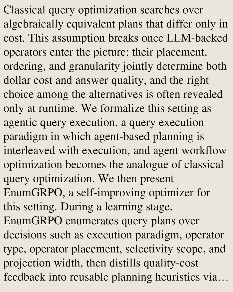 UFCS's tweet photo. Cost-Aware Optimization for Agentic Query Execution

Lunyiu Nie, Yilin Xia, Yiren Liu, Christopher Jermaine, Swarat Chaudhuri
https://t.co/jLpIEgsZPr [𝚌𝚜.𝙳𝙱] https://t.co/VYYT1DX6mX