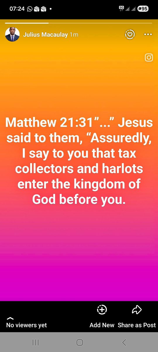 JuliusMacaulay's tweet photo. Matthew 21:31 Which of the two did the will of his father?”
They said to Him, “The first.”
Jesus said to them, “Assuredly, I say to you that tax collectors and harlots enter the kingdom of God before you. https://t.co/tByRhnGpWZ
