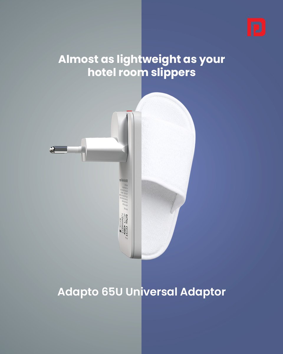 Portronics's tweet photo. The kind of travel companion you barely notice. Until you need it.
Almost as lightweight as your hotel room slippers.
Far more useful.

The Adapto 65U Universal Adaptor is built for travelers who prefer packing light without compromising on power. ✈️⚡ https://t.co/E3YHHn0N5S