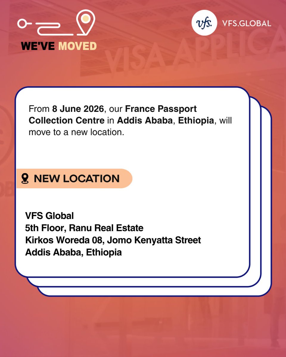 VFSGlobal's tweet photo. Important update for our customers in Addis Ababa, Ethiopia.

Effective 8 June 2026, applicants visiting our France Passport Collection Centre can visit us at our new location below.

VFS Global
5th Floor, Ranu Real Estate
Kirkos Woreda 08, Jomo Kenyatta Street
Addis Ababa, Ethiopia
To know more, visit: https://t.co/oOZr5ICXId
