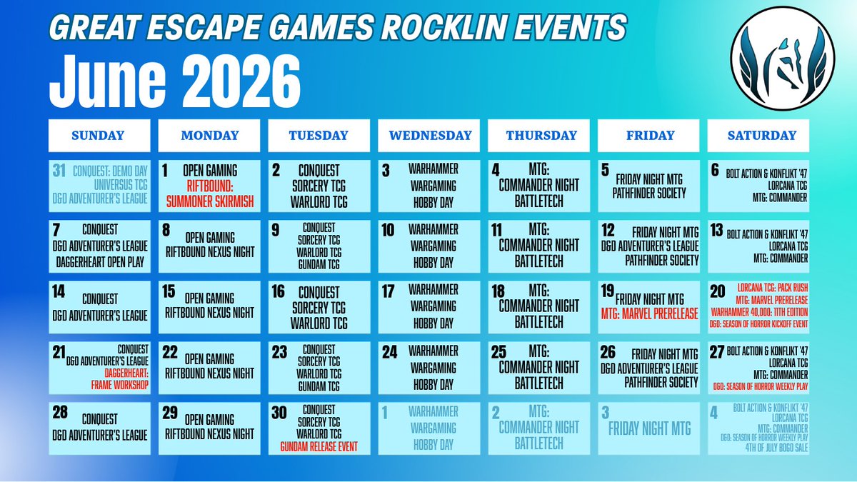 G_E_Games's tweet photo. June 2026 Calendar for Rocklin Great Escape Games
🤩 https://t.co/1DgRJrG1Rq