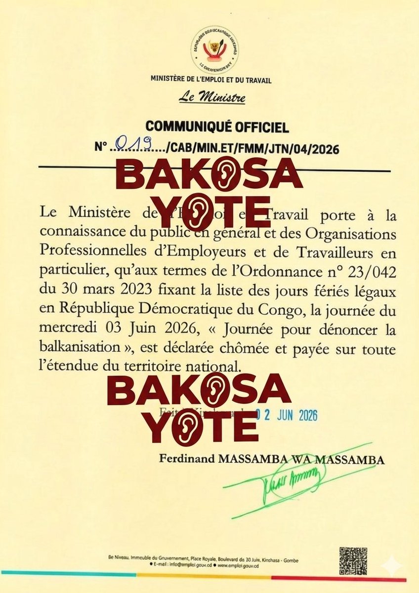 MalembeSoraya's tweet photo. #BakosaYoTe: ce communiqué n'émane pas du @MinEmploiTraRDC. vérification ajouté. @BakosayoTe @amluzayamo
@JeanetteZ21809 @Lemotard_x https://t.co/ggALsIXWr1