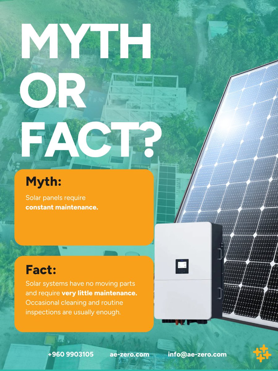 AEbyZero's tweet photo. Myth or Fact? ☀️
Solar energy is surrounded by misconceptions, but the reality may surprise you.
#AESolar #SolarMythVsFact #GoSolar #RenewableEnergy #SolarMaldives #EnergySavings https://t.co/GLtRNBIEpQ