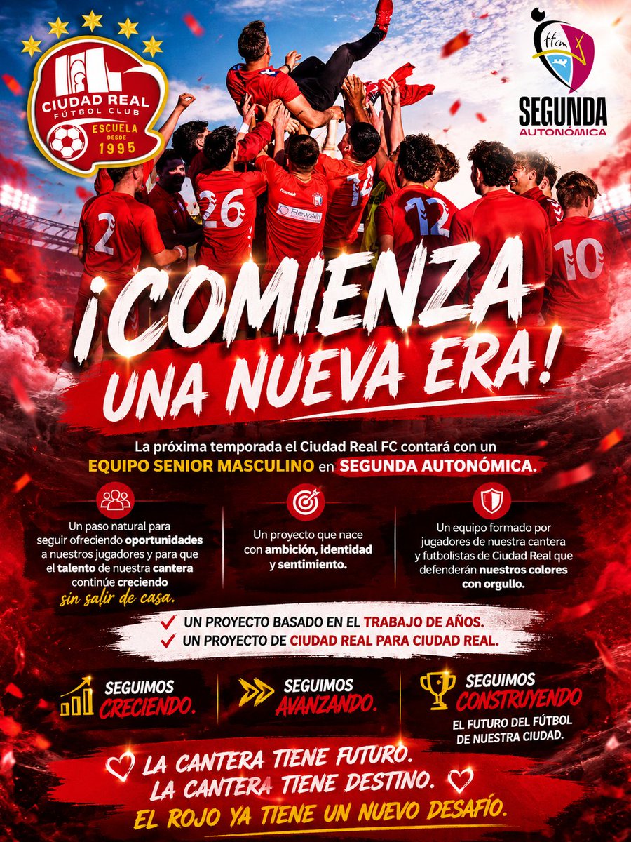 CiudadRealFC's tweet photo. 🔴⚽ Del fútbol base al fútbol senior.

El Ciudad Real FC tendrá equipo Senior Masculino en Segunda Autonómica.

La cantera tiene futuro. La cantera tiene destino.

#CiudadRealFC https://t.co/ynq5MNLLL2