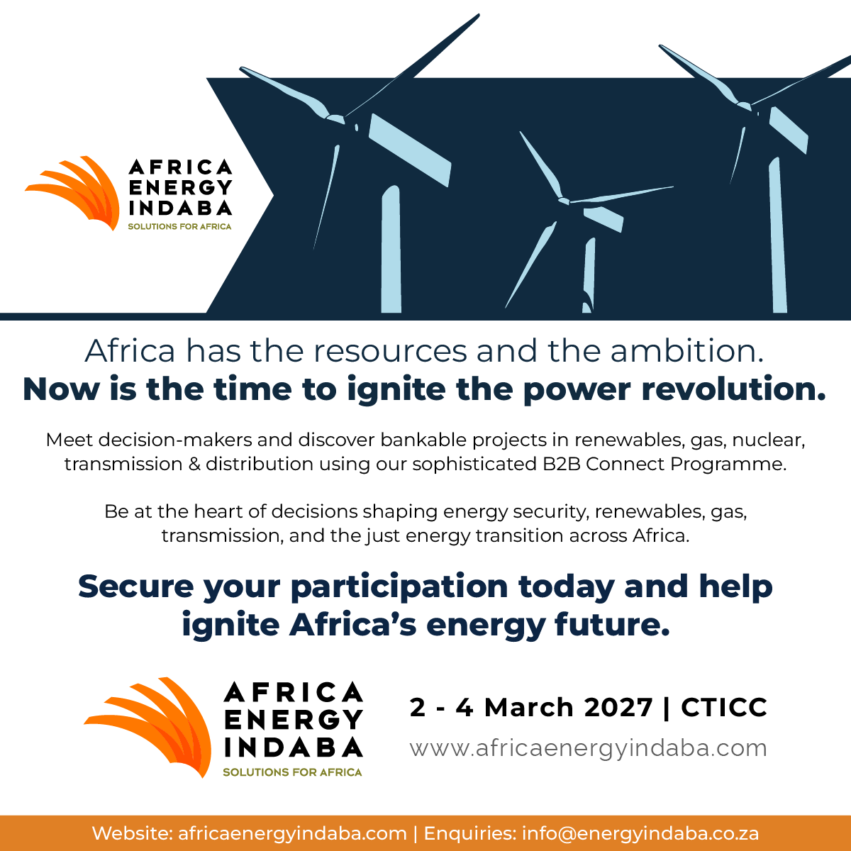 EnergyIndaba's tweet photo. Join ministers, utilities, investors, developers, and industry leaders from across the continent to accelerate energy generation, unlock investment opportunities, and advance bankable projects that will power Africa's economic growth. https://t.co/XNzUMnxdtX