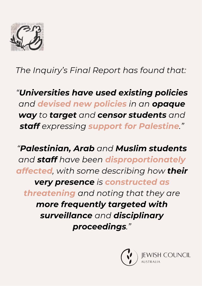 jewishcouncilAU's tweet photo. "The repression of free speech on Palestine on university campuses betrays the core mission of a
public university and presents a broader threat to our human rights and democracy." Read the report of the Peoples Inquiry into Campus Free Speech on Palestine https://t.co/uYHjIQtW0s https://t.co/RVUTv8lo8X