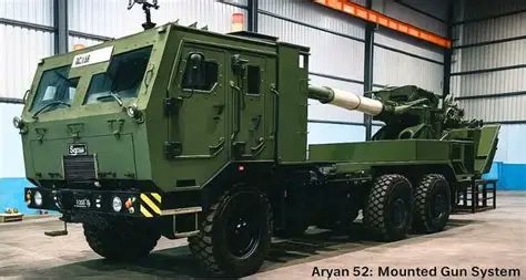 PASU_MATRIX's tweet photo. ARYAN 52 mounted gun system clears key trials. It has 155mm turret, 8x8 mobility, up to 45 km range and can be deployment in under 60 sec. One of the Candidates for Indian Army induction. https://t.co/Pqt8g0Onu5