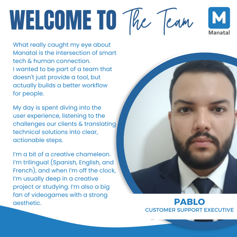 manatalapp's tweet photo. Meet Pablo, our new Customer Support Executive! ⭐

With a background in graphic design and creativity, Pablo brings a unique perspective to customer support. He’s passionate about understanding the user journey, solving problems, and helping clients navigate challenges with clear and practical solutions.

Welcome to the team, Pablo! We’re excited to have you on board. 🙌

Check out our open roles here: https://t.co/hwEG3wfYMZ

#LifeAtManatal #TeamManatal #WeAreHiring