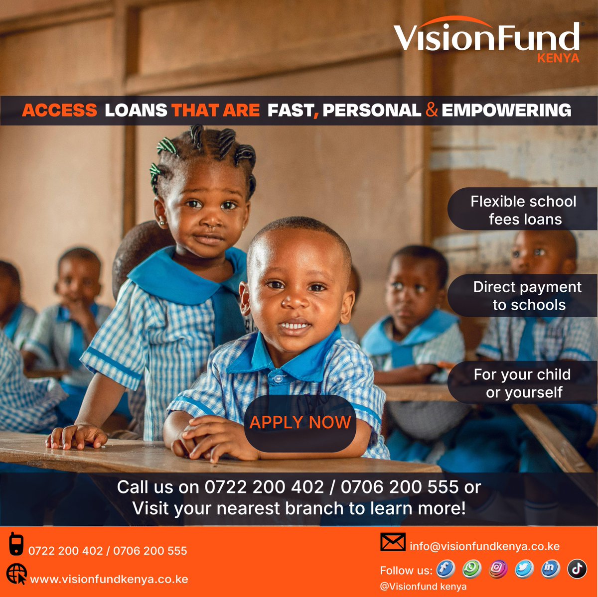 VisionFundKE's tweet photo. School’s in session, hakikisha wako class bila stress!

Chukua Education Loan leo:
✅ FAST approvals
✅ Flexible repayment
✅ Invest in their future

Don’t let fees hold them back.
Call: 0722 200 402 / 0706 200 555 to apply today.

#LoansThatEmpower #visionfundkenya https://t.co/7INmCZ4DPF
