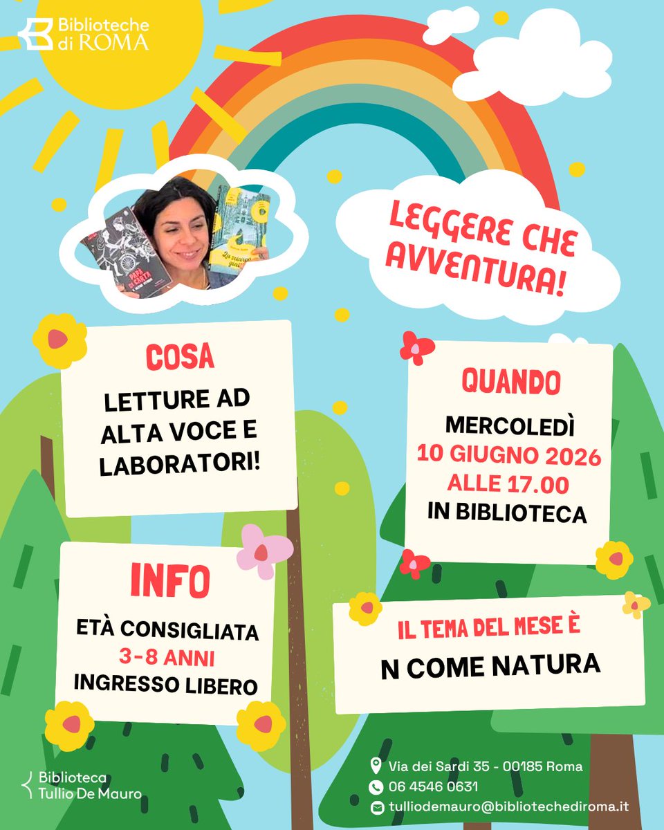 bibliotullio's tweet photo. Bambini, vi aspettiamo mercoledì 10 giugno alle 17.00, in Via dei Sardi 35, con l'ultimo appuntamento prima della pausa estiva di Leggere che avventura! 

Età consigliata: 3-8 anni. Ingresso libero. 

ℹ️https://t.co/nGCBaUqNQu

#bibliotechediroma #bibliotecatulliodemauro https://t.co/ulLcg5cpyb