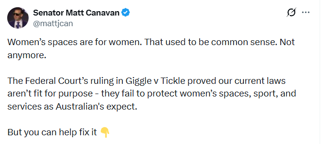 senatorpennyqld's tweet photo. Senator Canavan has spent his political life opposing women's rights. You'll forgive me if I call bullshit on his sudden concern for our wellbeing. #transwomenarewomen https://t.co/rS04M8DN4O