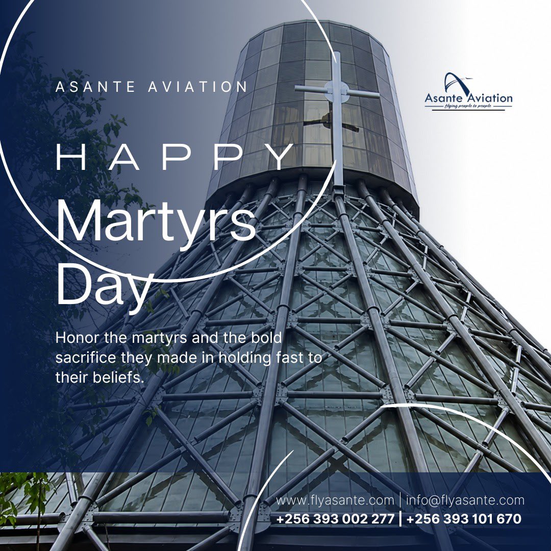 fly_asante's tweet photo. Happy Martyrs Day from Asante Aviation. 🇺🇬✝️

As we honor the courage and faith of the Uganda Martyrs, we wish you a blessed holiday. 

Planning to travel? Make the most of the day and book your flight with us. ✈️

#HappyMartyrsDay #FlyAsante https://t.co/LujjXixfFW