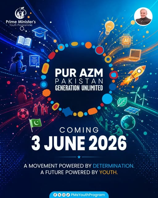 PMsYouthProgram's tweet photo. Something powerful is coming. 📷
A movement built on opportunity, innovation, and the belief that Pakistan’s youth can shape the future.
3 June 2026.
#PurAzmPakistan #HumSabHainPurAzm #PMYP #GenerationUnlimited https://t.co/ZLh81JkCZR