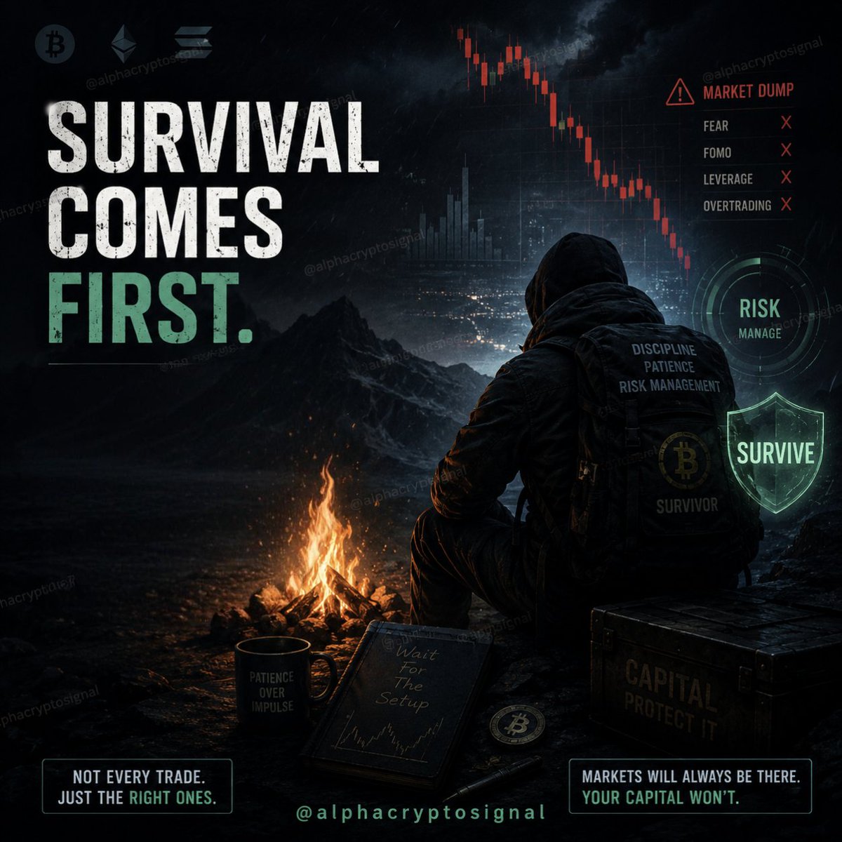 alphacryptosign's tweet photo. Missed $ZEC?

No worries.
The first priority in trading is survival, not chasing every move.

Entering multiple positions during a sudden market dump and blowing up your portfolio doesn’t make any sense. 

Sometimes the best trade is no trade at all. Wait for proper setup and execute small amount. 

Remember: SURVIVAL COMES FIRST.