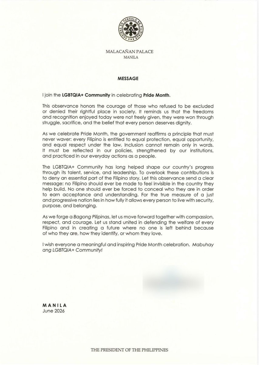 bncdotph's tweet photo. PBBM on Pride Month: Inclusion should go beyond words. 

President Marcos sends a clear message on Pride Month: No Filipino should be made to feel invisible and be forced to conceal their identity for acceptance and understanding. | via @rachelivvvv, https://t.co/gusqkxYQic https://t.co/pSOD0Drm86