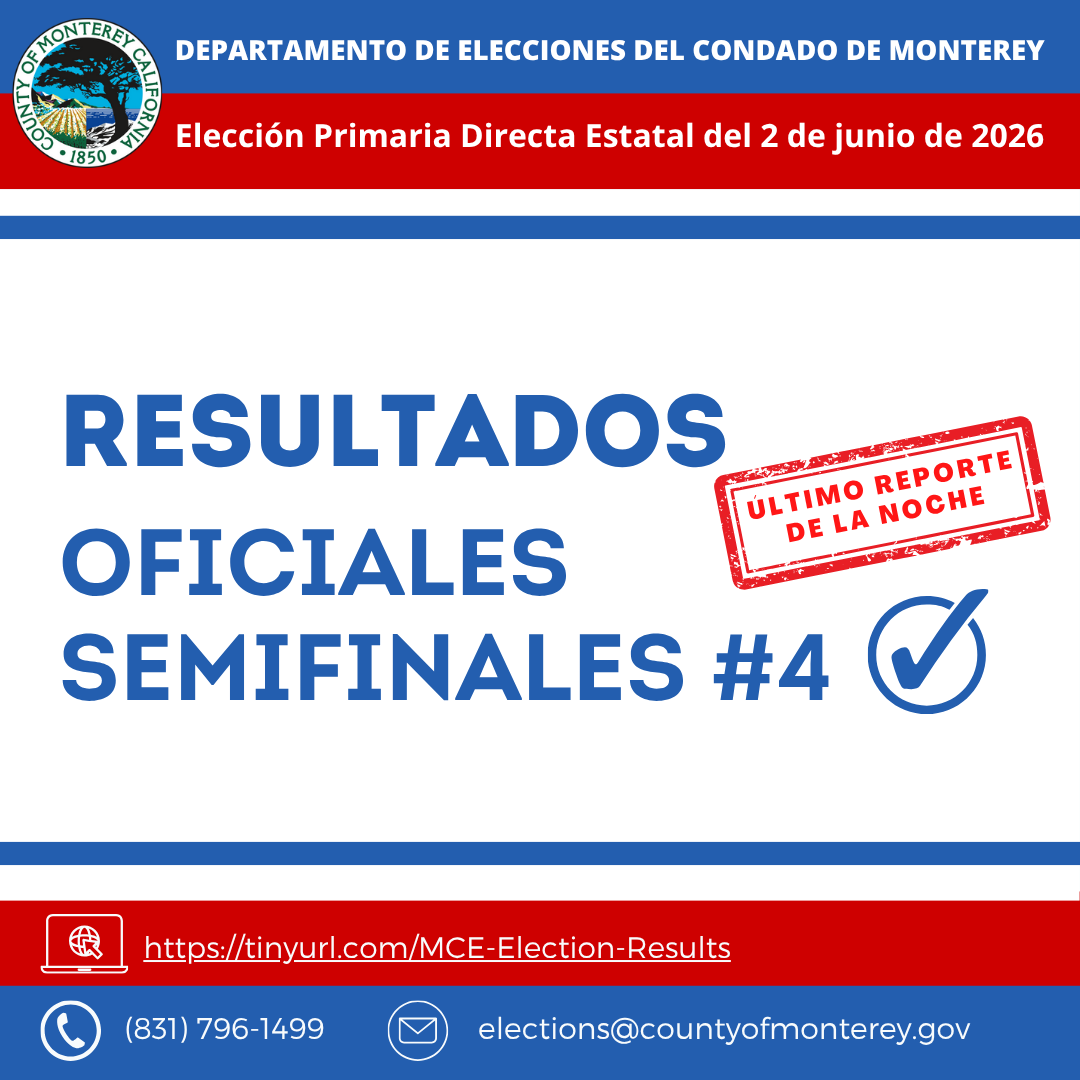 MontereyVote's tweet photo. El 4to reporte oficial de resultados semifinales está disponible en https://t.co/WqcYXps0Gf. Este es el último informe de la noche. El próximo informe  será el viernes 5 de junio al cierre de operaciones. El informe de lo que falta por contar se publicará a más tardar el jueves. https://t.co/E5MfW9YkFD