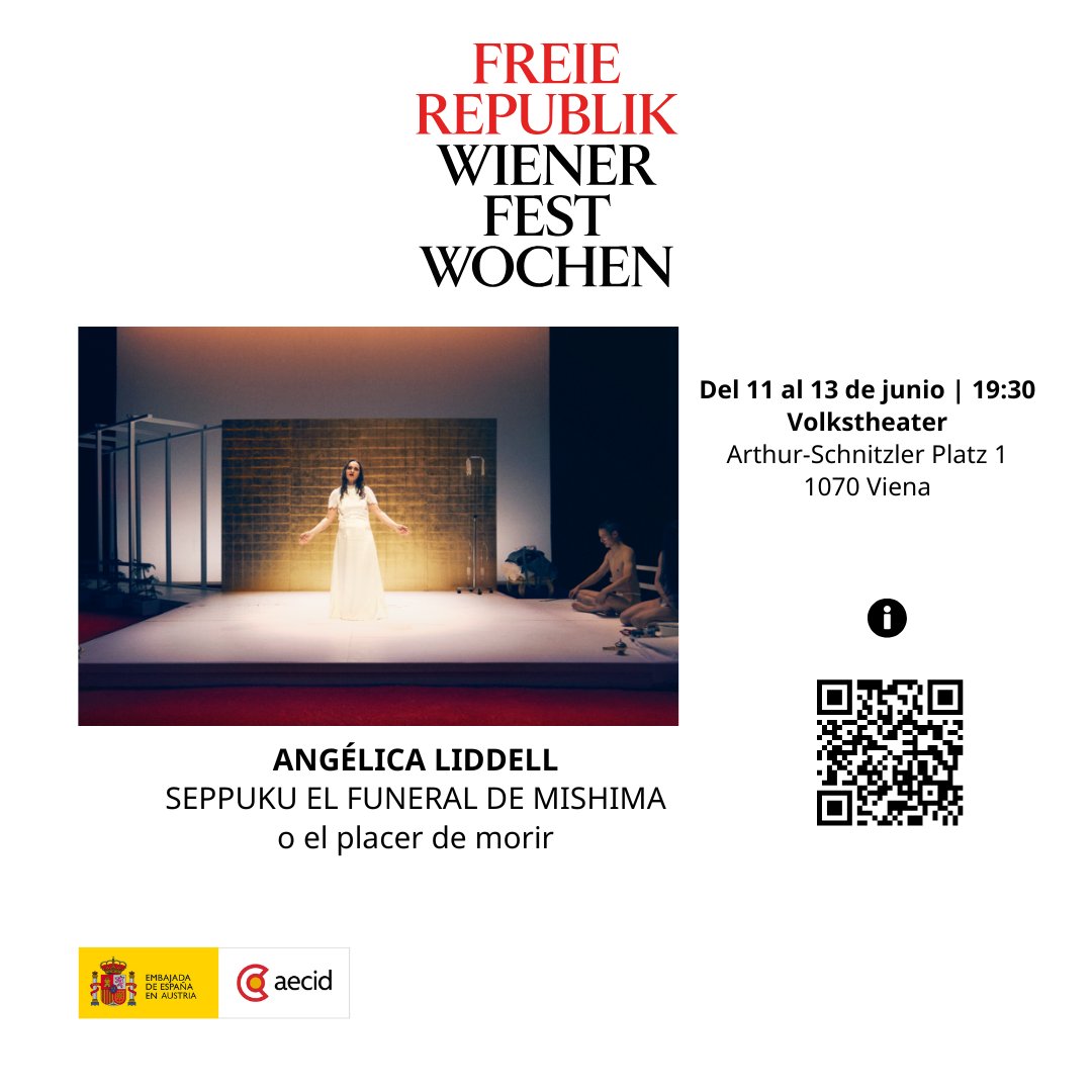 EmbEspAustria's tweet photo. Del 11 al 13.6 se presenta "Seppuku. El funeral de Mishima o el placer de morir" de Angélica Liddell en #WienerFestwochen. Una obra que explora muerte y límites del cuerpo con una puesta radical y visceral. 
ℹ️https://t.co/MsNQjYylWK https://t.co/P9VqN40KFT