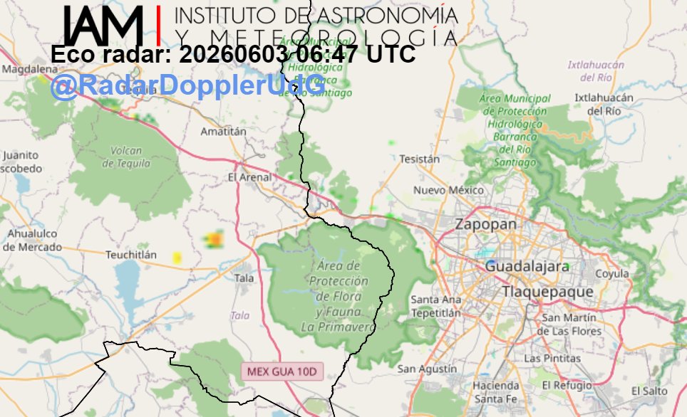 RadarDopplerUdG's tweet photo. El Radar Doppler registra ecos aislados de #lluvia moderada en Region Valles (#Tehuchitlan). Continua la vigilancia meteorológica. https://t.co/1mbZxOq2Kj