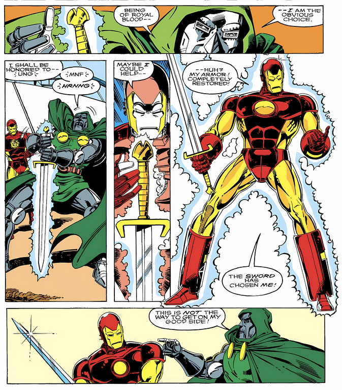 Wikkerman99's tweet photo. Iron Man game expansion or DLC where Tony and Doom are sent to Camelot and Tony wields the Excalibur. https://t.co/PFi0D3zigk