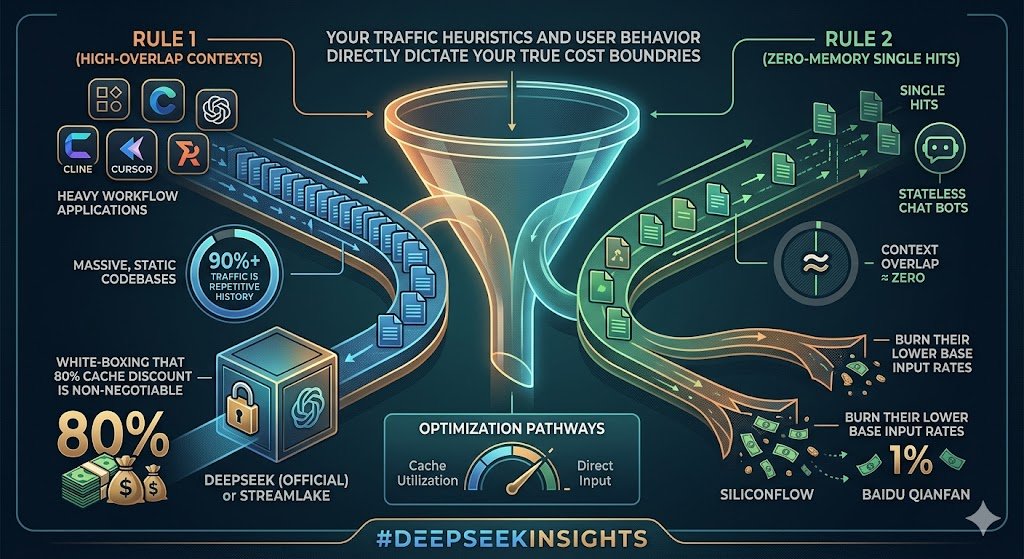 TokenbusAI's tweet photo. Your traffic heuristics and user behavior directly dictate your true cost boundaries. 
Rule 1 (High-Overlap Contexts): If you are running heavy Agent workflows (e.g., Cline, Cursor) or querying massive, static codebases where 90%+ of traffic is repetitive history, lock your preset to DeepSeek (Official) or StreamLake. White-boxing that 80% cache discount is non-negotiable.
Rule 2 (Zero-Memory Single Hits): For multi-tenant distributed endpoints, stateless chat bots, or bulk JSON formatting where context overlap is near zero, bypass the official channel. Go straight to SiliconFlow or Baidu Qianfan to burn their lower base input rates.
#DeepSeekInsights #Deepseek