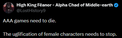 MattCall95's tweet photo. @LostHistory9 @elpanitami0 This is you(High King Feanor) talking about the uglification of female characters, with the subject being Laufey(A character whos face is 1-1 with the person you're saying you didn't call ugly) https://t.co/4zKtR0cyeC