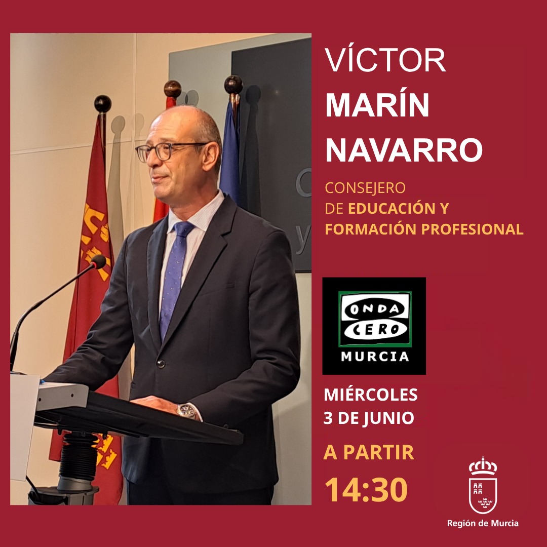 Educarm's tweet photo. 🎙️Entrevista hoy al consejero de #Educación y #FormaciónProfesional, Víctor Marín, en @ocrmurcia para hablar de actualidad educativa.

✅Síguela en directo a partir de las 14:30 horas. 

#educación #RegióndeMurcia 

🔗⬇️
https://t.co/IAtSllA9PG https://t.co/eDxMQAPBIm