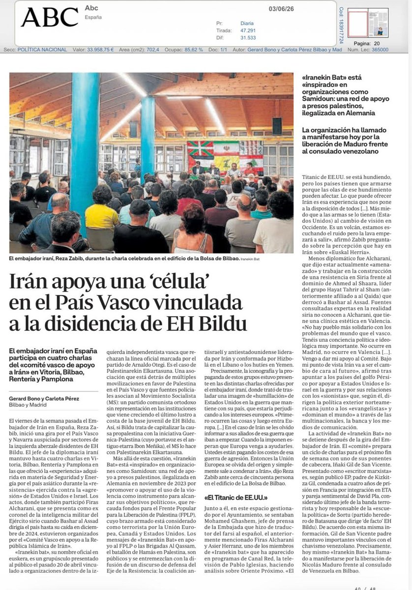IranekinBat's tweet photo. Hoy el periódico antivasco y sionista ABC lleva a sus primeras páginas las cuatro conferencias de Reza Zabib en Hego Euskal Herria.

En el líbelo de este panfleto aparecen publicadas numerosas mentiras contra nosotros, por las que tomaremos medidas legales.https://t.co/q4u4I25tuJ https://t.co/G87Gv4Rb5P